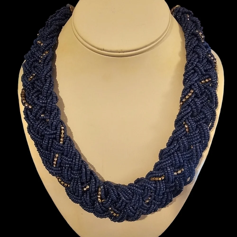 👍5 For $20 Thick Braided Multi-Strand Blue Seed Bead Necklace w/Rhinestones